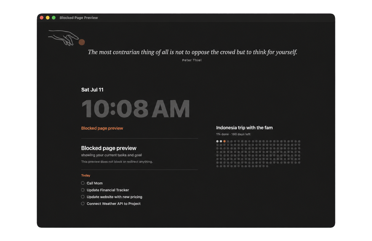 MakerTime blocked page with tasks and goal progress